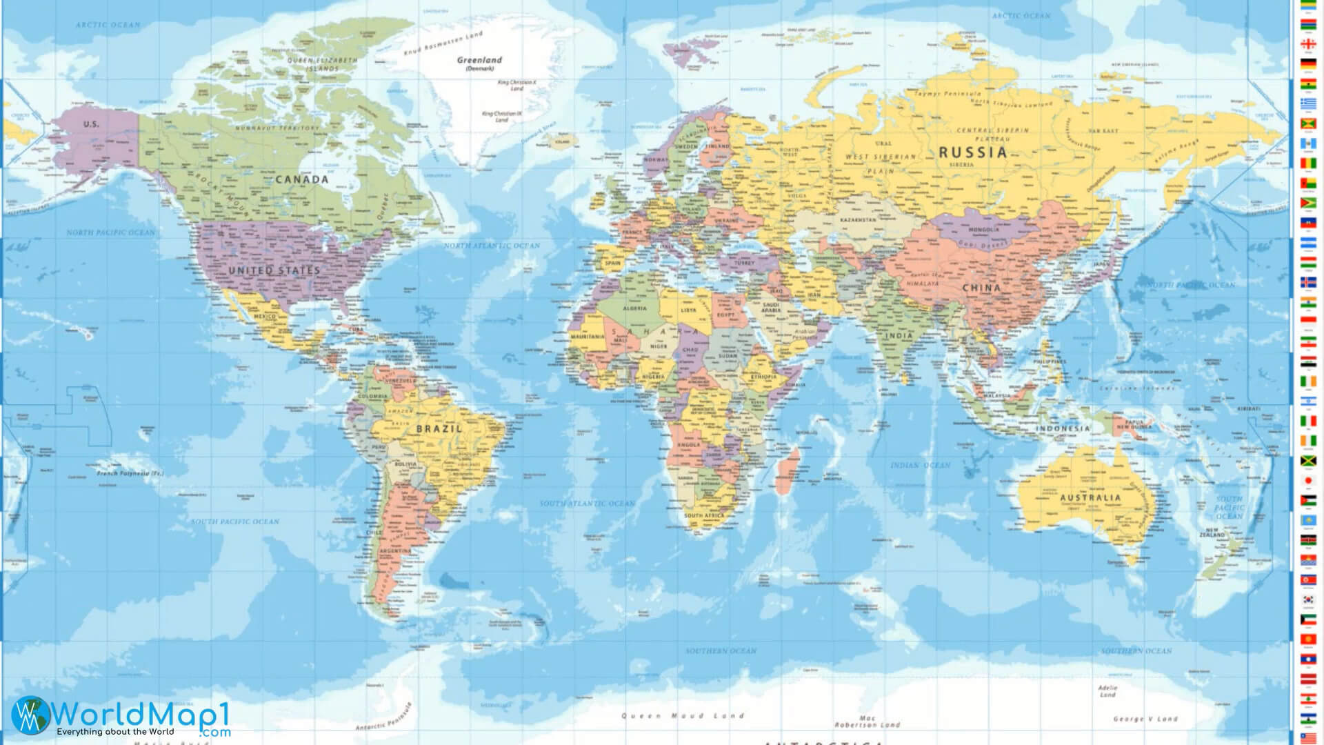 Antarctica Map on the World Map with Countries Flags